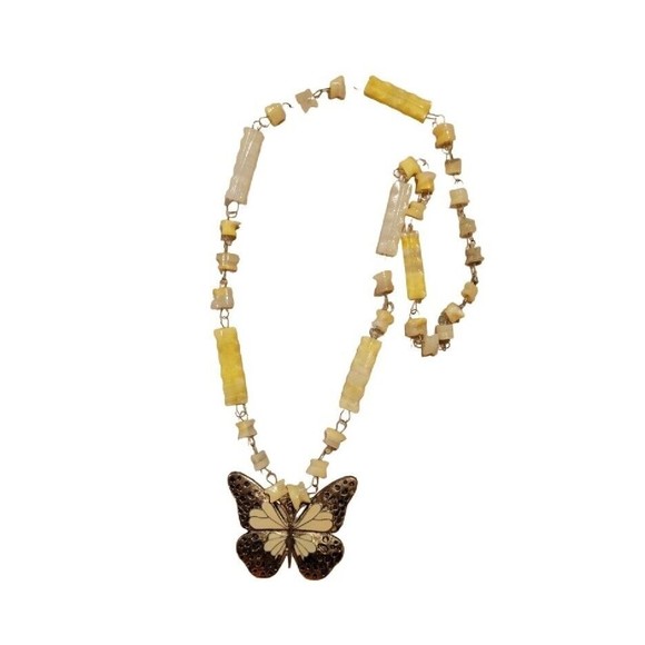 VTG Hand Carved Yellow Cream Agate Enamel Butterfly Pendant Necklace Mid Century - Picture 1 of 13